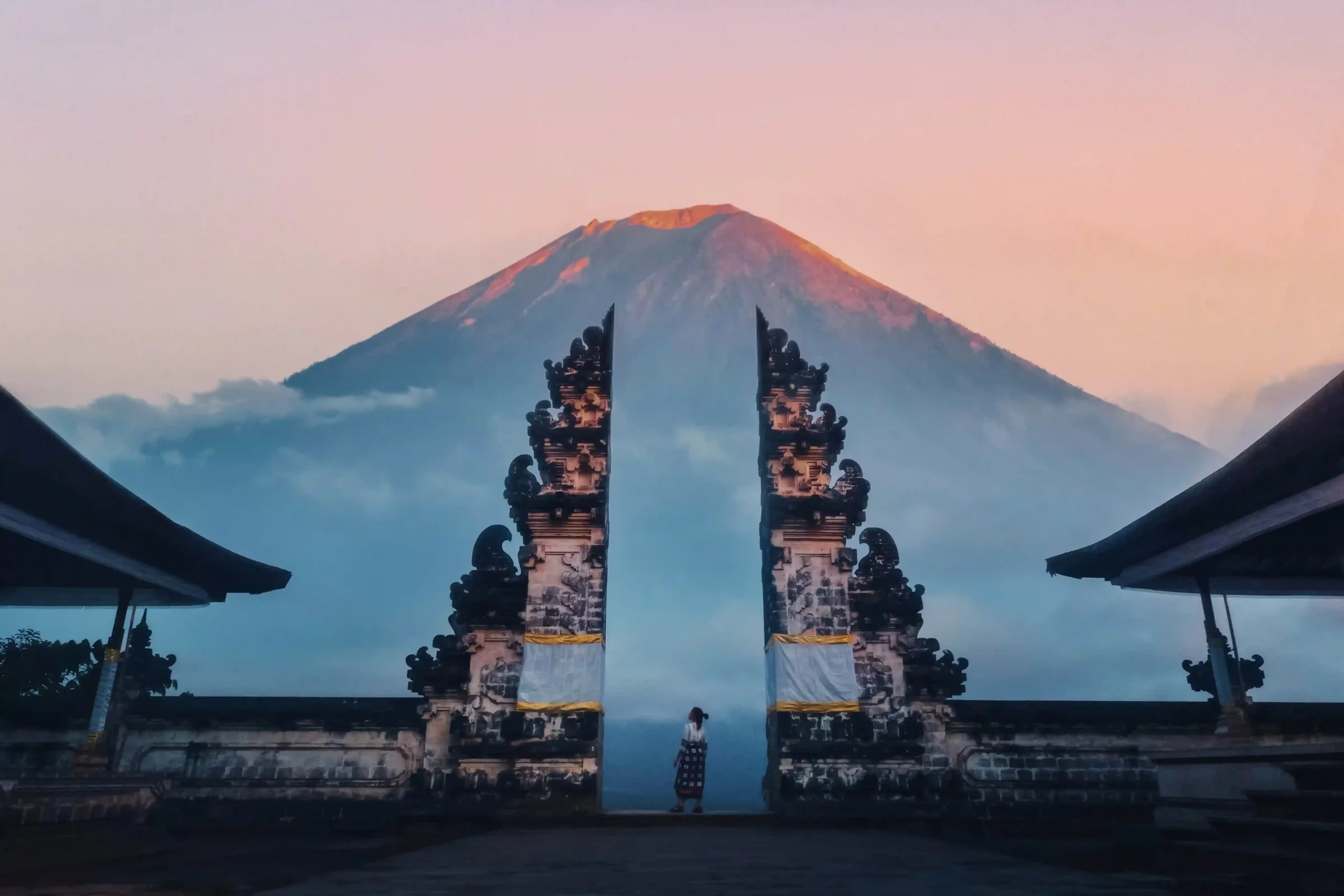 The gateway at Pura Lempuyang with Mount Agung at dawn