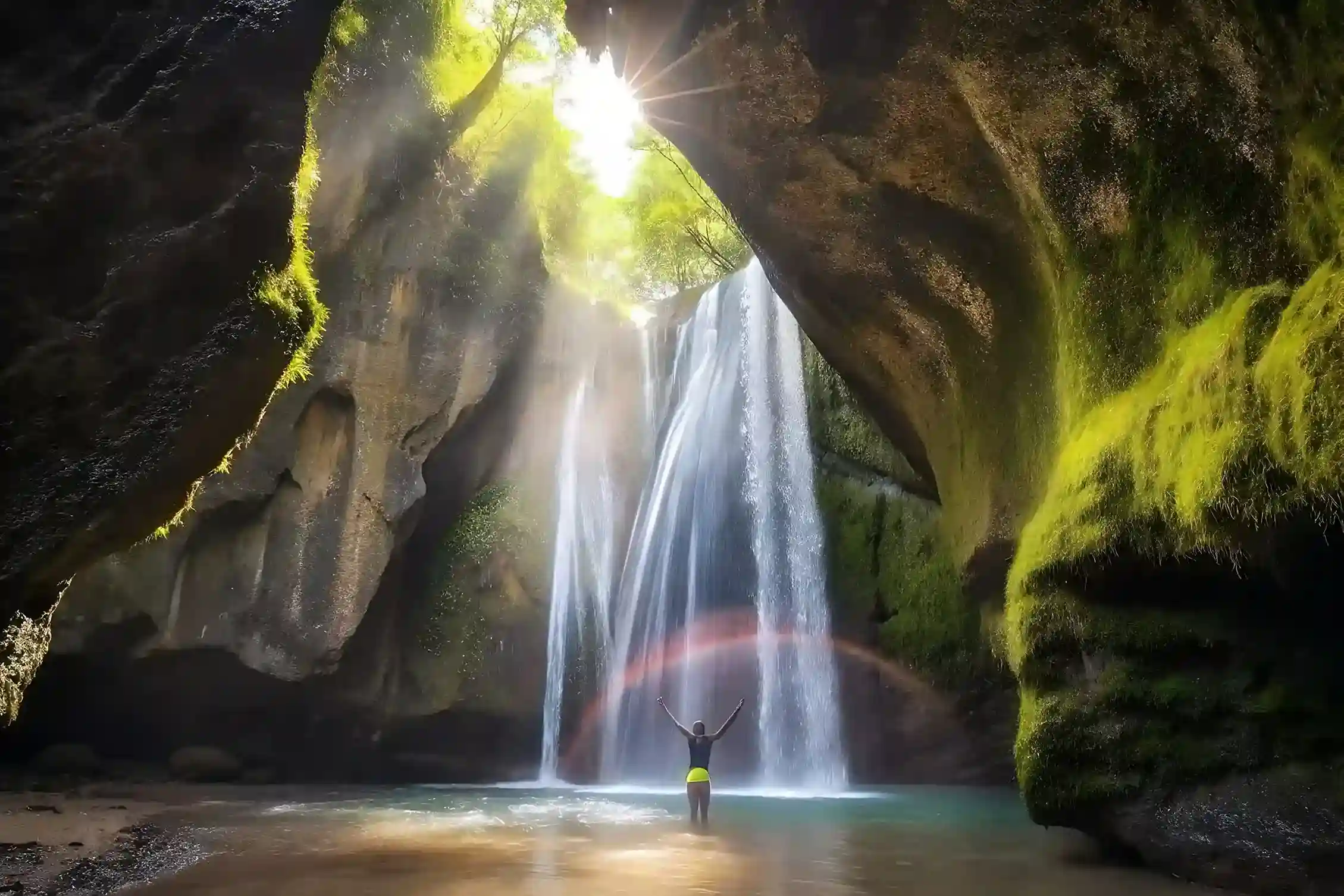 Light falling into Tukad Cepung waterfall cave